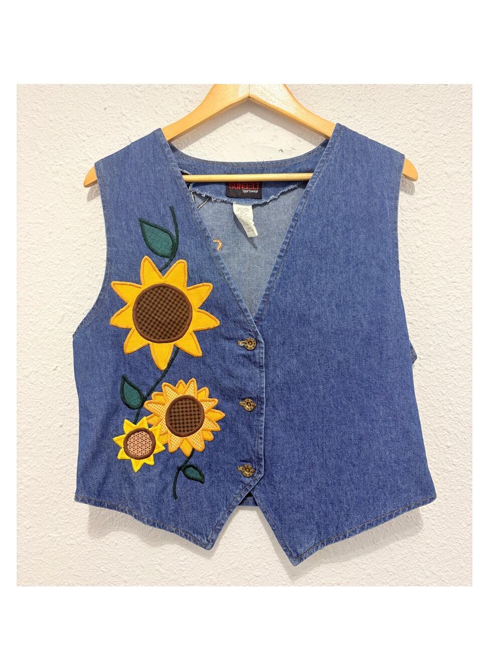 Vintage Sunbelt Denim Vest Sunflower Embroidered Retro Hippie Boho 90s